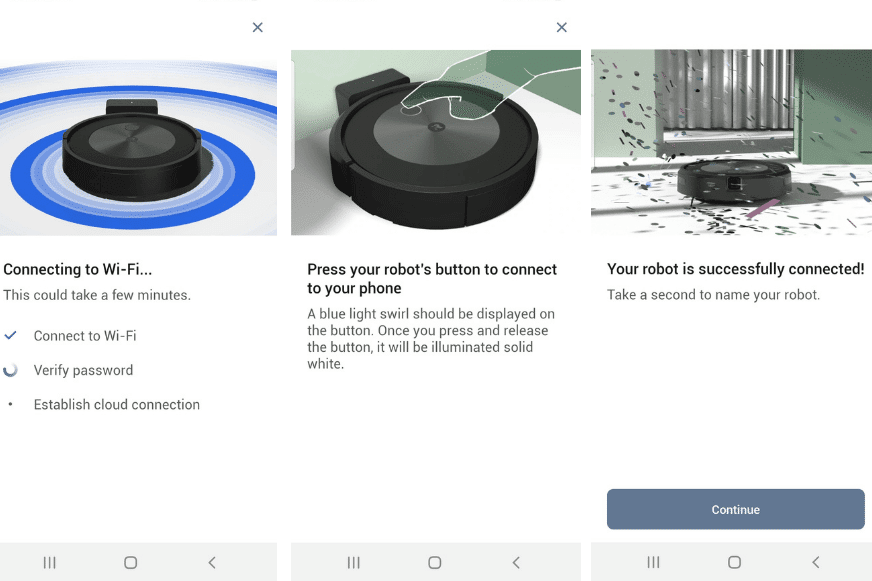 der Prozess zur WLAN-Verbindung eines iRobot Roomba Saugroboters wird dargestellt